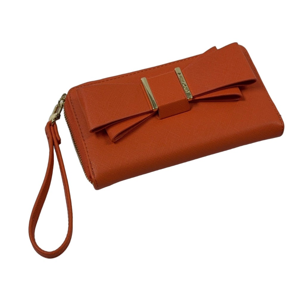 Betsey Johnson Women's Orange Faux Leather Wristlet Wallet Bow Strap Zip